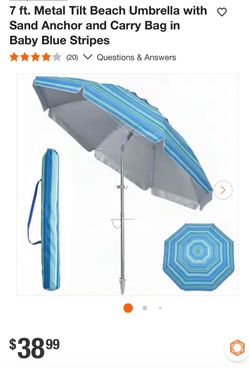 7 ft. Metal Tilt Beach Umbrella Baby Blue Stripes pay 25 vs 40