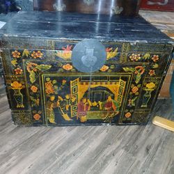 Antique Black Lacquered Handpainted Illustrated Chinese Trunk