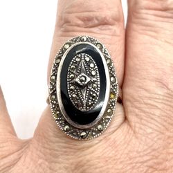 Vintage Stately Sterling Marcasite Ring 