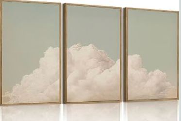 Neutral Minimalist Dreamy Sky Cloud Landscape Framed Canvas Prints - 12x16 Inch Each
