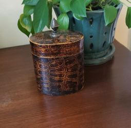 Brown Faux Leather Canister w/ Metal Acorn Handle on Lid - 7" H
