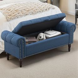 Linen Fabric Upholstered Ottoman Bench for Bedroom