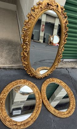 1 tall an 2 small Vintage Bassett Gold Gilt Resin Ornate Oval Wall Mirror Hollywood Regency