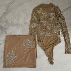 Shein Tan and brown rhinestone bodysuit and skirt set