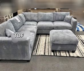 Brand New Grey Corduroy Sectional Sofa +Ottoman (New In Box)