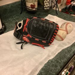 Rawlings Player Series new baseball glove 11” black and red color glove with 2 baseballs