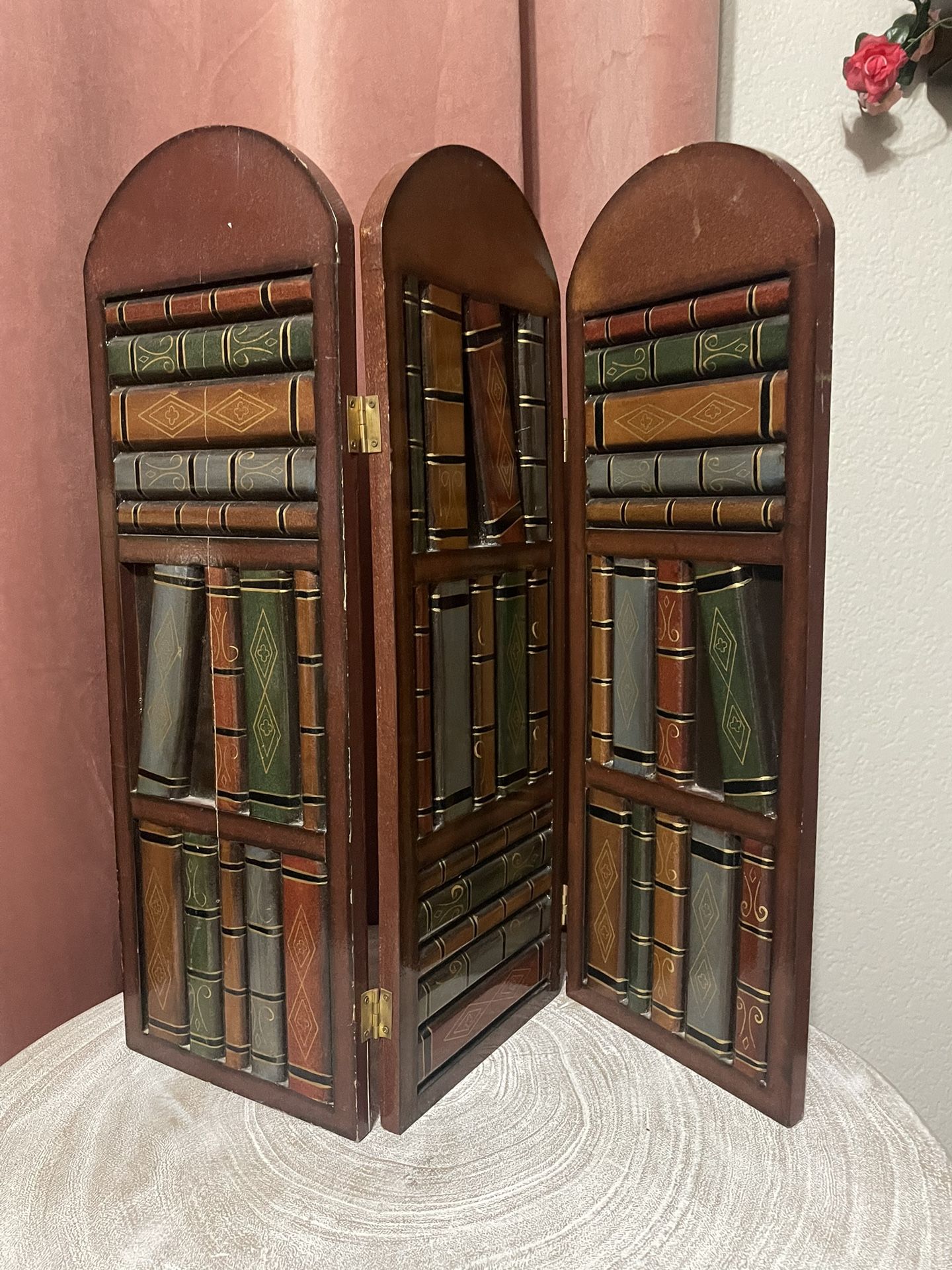 Book Decor- Small Desk Size 3 Section Wood Screen with 3D Books
