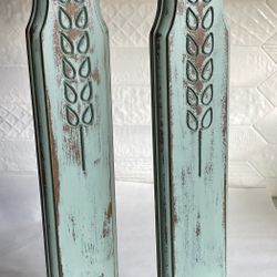 Two Vintage Shabby Chic Distressed Light Blue Wooden Wall Candle Sconces 
