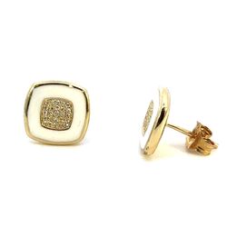 Woman’s Ladies 10k Yellow Gold Diamond And White Enamel Square Stud Earrings GP3105785