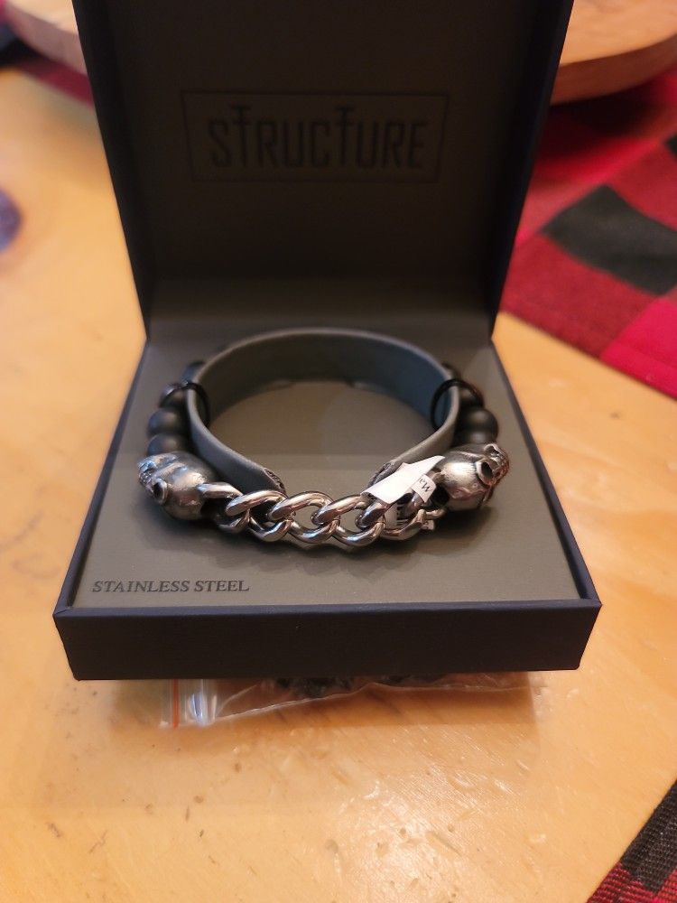 Men's Stainless Steel Skull And Bead Bracelet By Structure