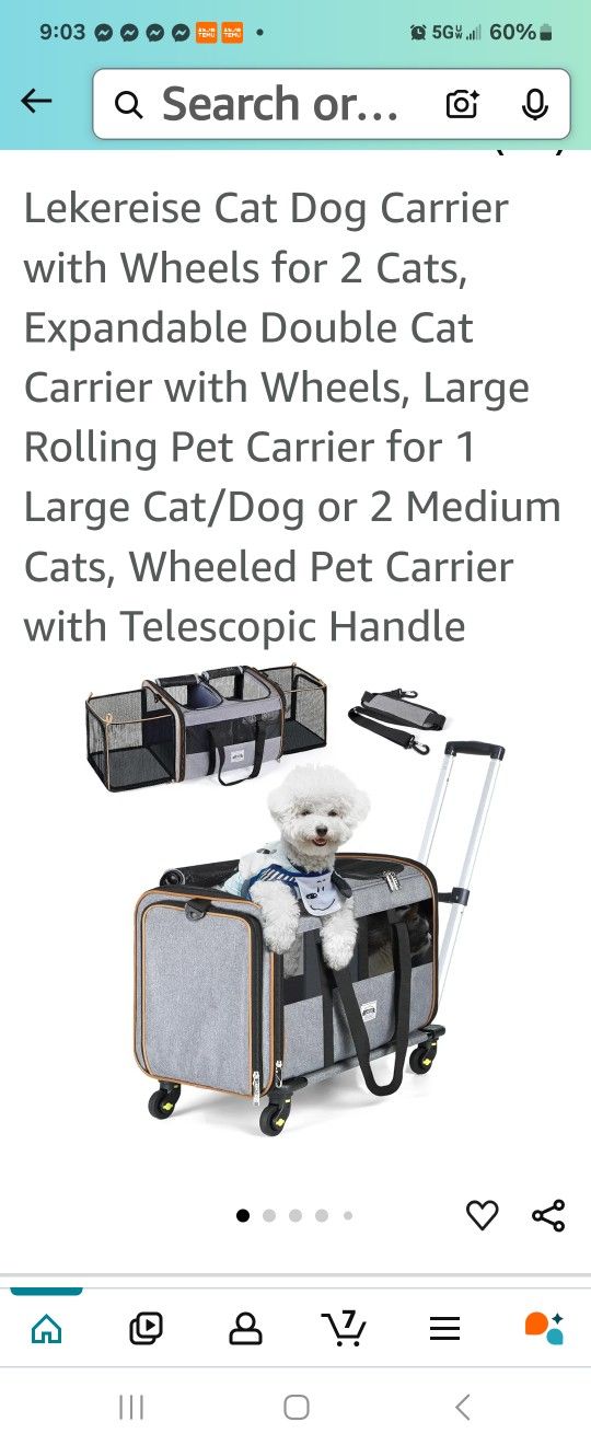 Lekereise Cat Dog Carrier with Wheels for 2 Cats, Expandable Double Cat Carrier with Wheels, Large Rolling Pet Carrier for 1 Large Cat/Dog or 2 Medium