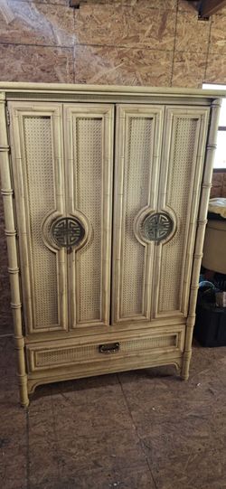 Vintage Faux Bamboo Cane Armoire Wardrobe