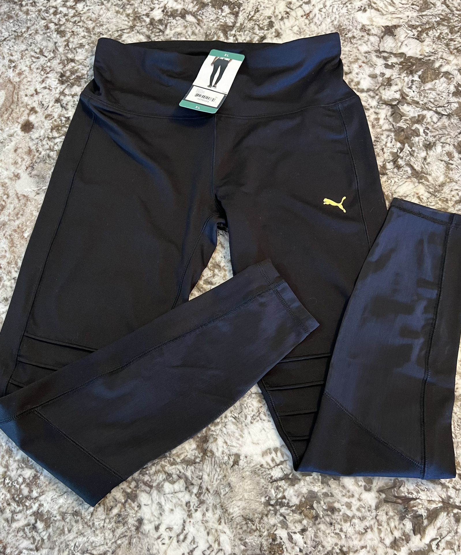 L NEW Puma Moto Active Tight Legging Black Mesh Panels Gold Logo Large Womens