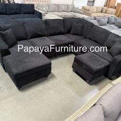 New 113” Chennile Sectional Couch, U-Shaped Sectional Sofa, Couch, Sectionals, Sectional And Ottoman, Couch, Black Sectional, Reversible Chaise Sofa