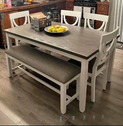 Solid wood white and Gray Dining Table Set With Chairs And Bench 60x36x30 "