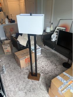 Modern 60” Floor Lamp with White Fabric Shade – $