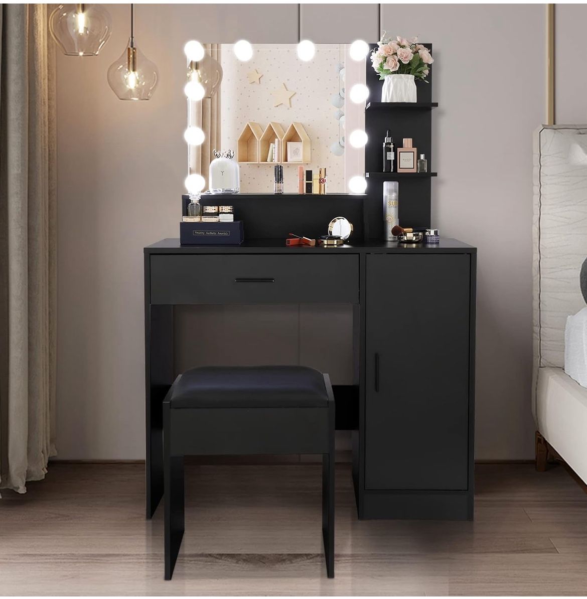 Black Desk with Lighted Mirror And Cushioned Stool
