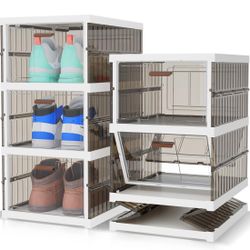 Storage 3 Tier Shoe Box Organizer - No Assembly Needed! Foldable Clear Plastic Storage Boxes for Shoes Sneakers, with Transparent Doors - Clear Black