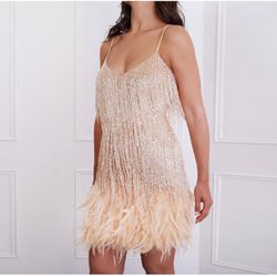 Sequin Cocktail Dresses 1920s Flapper Dress Gatsby Fringe Mini Dresses Feather SIZE L