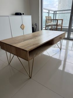 Wood Coffee Table with Storage & Gold Legs