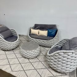 4-Piece Outdoor patio Rope Weave Sofa Set With Coffee Table In Gray, Swivel Chairs.