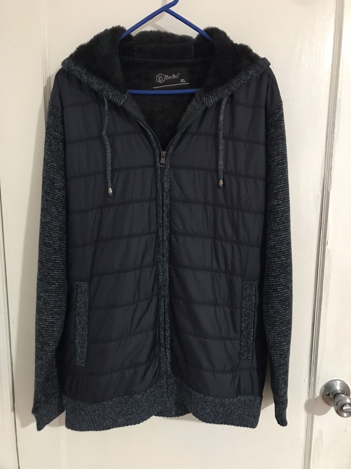Men's Winter Outwear Fur-Lined Full-Zip Sweater Hoodie Jacket Blue XL