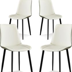 $280 RETAIL-  White  LEATHER Dining Chairs W/ Metal Frame Set of 4,