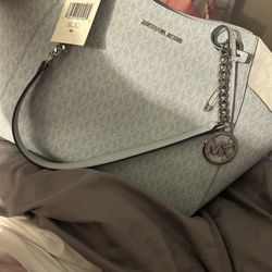 NWT Michael Kors Over The Shoulder Powder Blue And White Monogram $250 Retail
