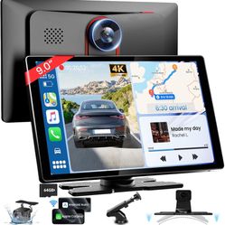9'' HD Portable Carplay Screen for Car with 4K Dash Cam & 1080P Backup Camera DVR, Car Audio Receivers with Carplay & Android Auto Touch Screen, GPS N