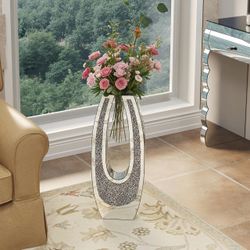Luxury Mirrored Floor Vase for Living Room Hotel, Silver Glass Panels, Floor-Standing Tall Vases Decorative Display for Artificial Flowers, Pampas Gra