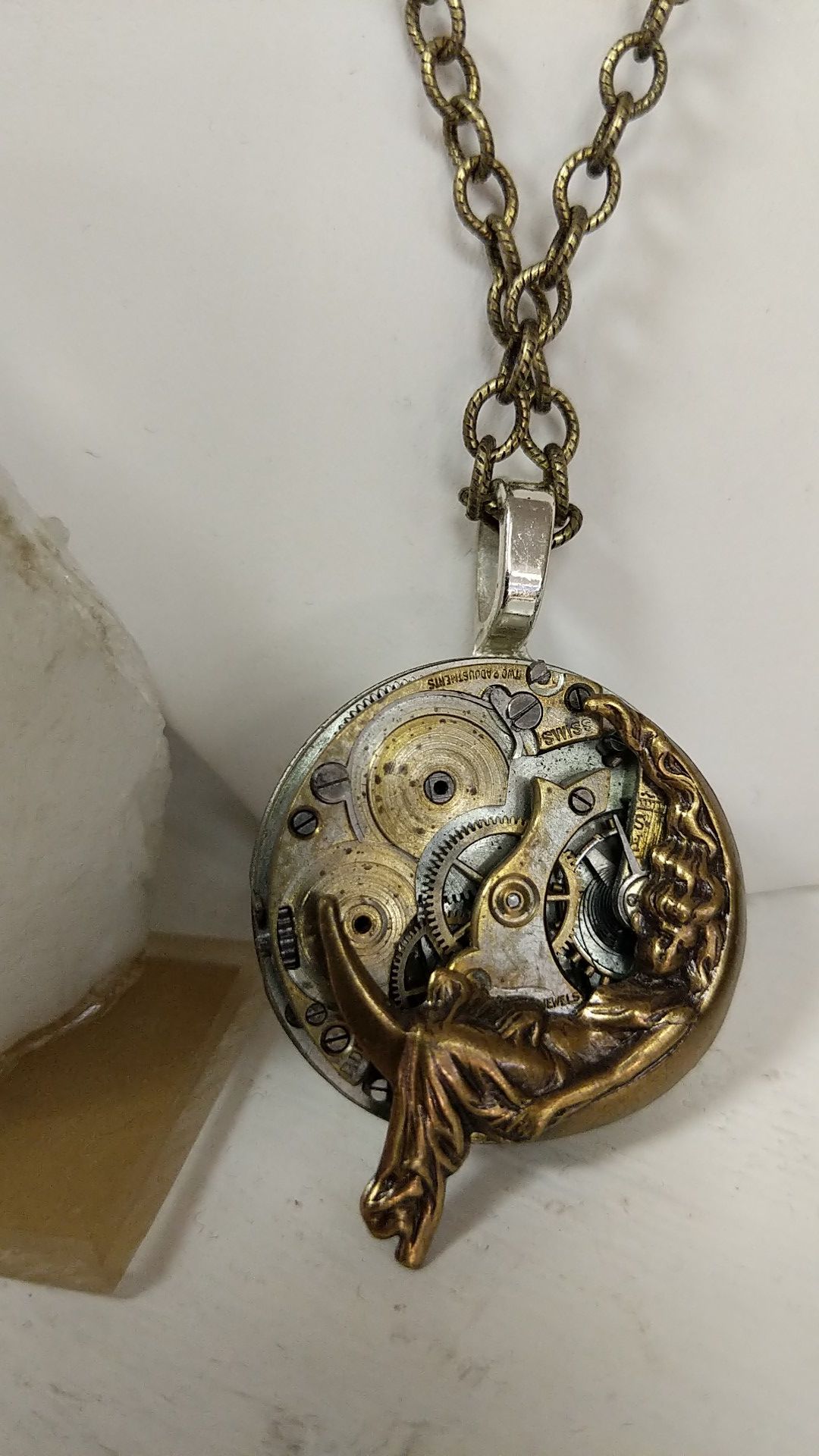 ANGEL ON CLOCK WATCH HANDMADE NECKLACE