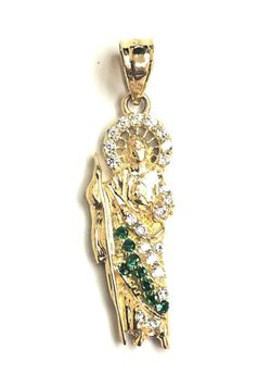 Micro pave zirconia saint judas religious pendant 14K REAL YELLOW GOLD.