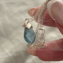 925 Silver & Genuine London Blue Topaz Necklace with Pear Pendant