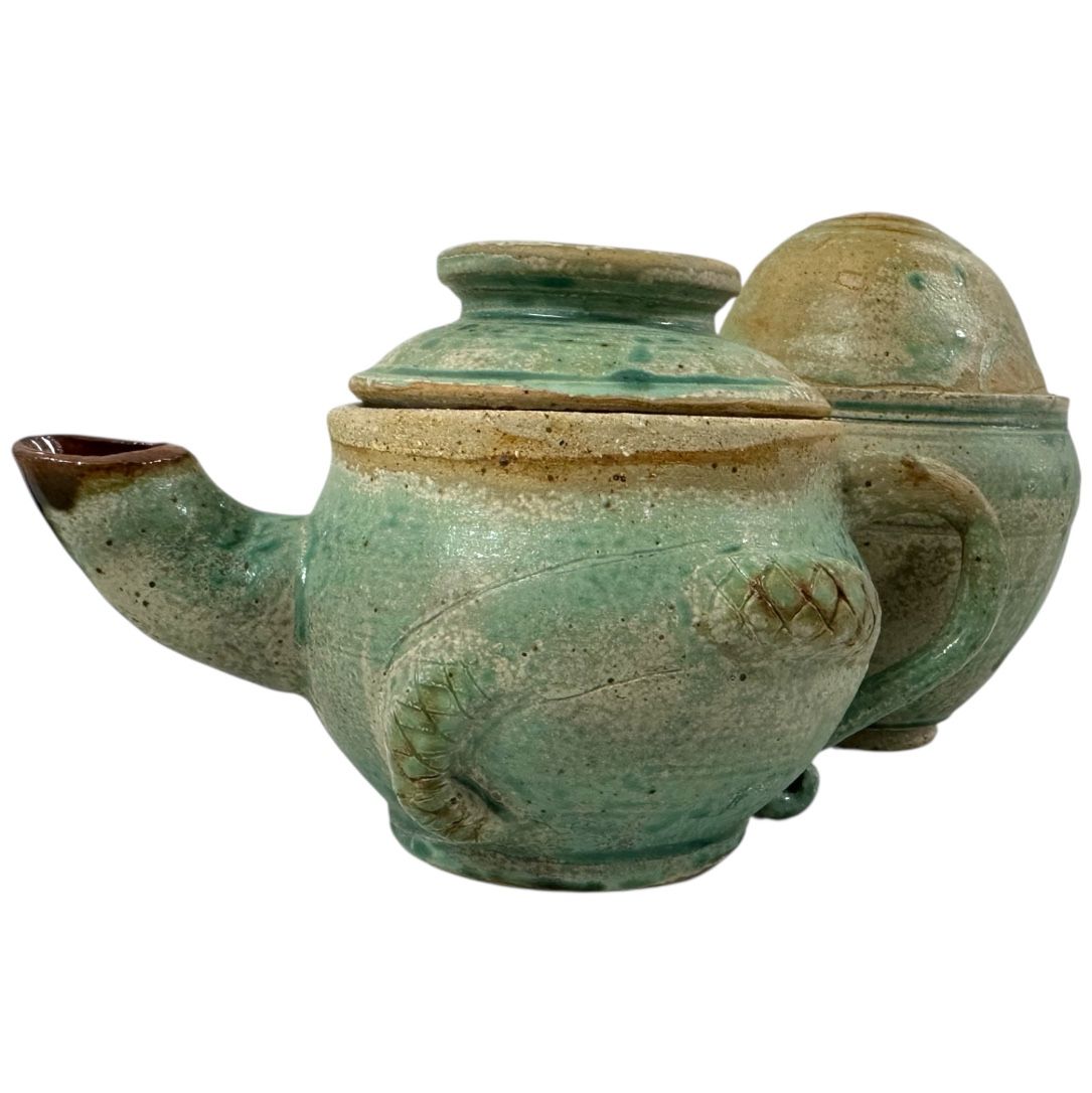 Rare JK Studio Art Pottery Teapot And Sugar Bowl Set-handcrafted Green Glaze