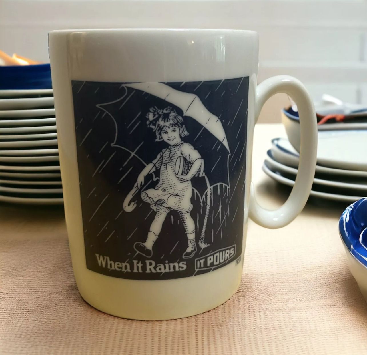 3 Morton Salt Umbrella Girl Coffee Mugs Cups When it Rains it Pours