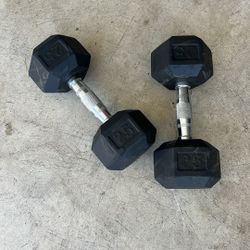 Pair of 25# Rubberized Hex Dumbbells 
