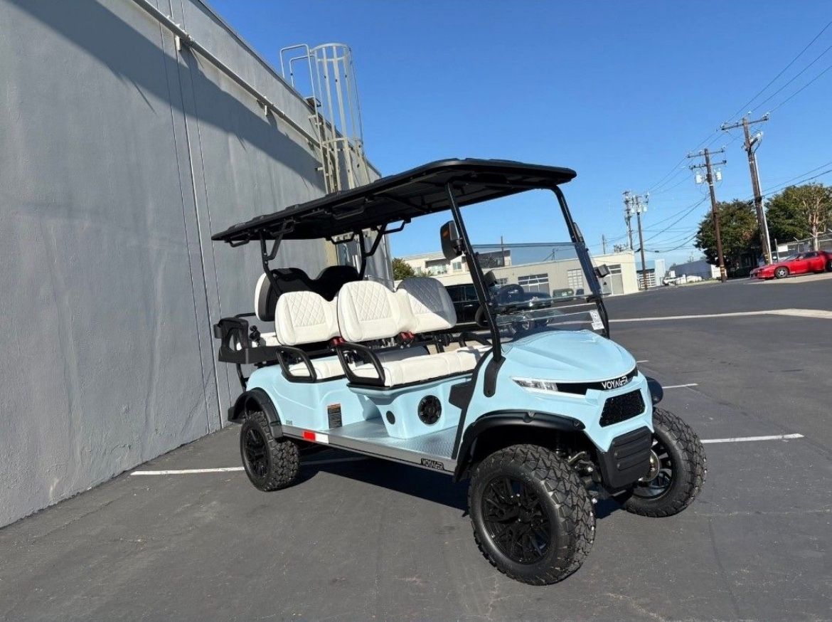 2025 Voyager Patriot 6-Passenger Lifted 72-Volt Street Legal LSV Golf Cart in Blue Skies Blue Metallic Gloss Light Blue w/White Seats w/Light Blue Pip