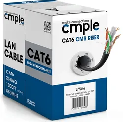 Cmple - Cat6 Cable 1000ft Bulk Lan Ethernet Cat 6 Wire Network UTP 23AWG CMR Riser 10Gbps 550 MHz Pull Box 1000 Feet, Black