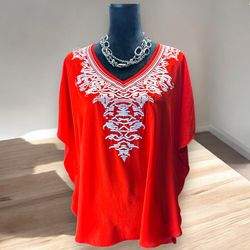 CHICO'S Poncho Red  & white embroidered V-neck kimono top with Flutter Sleeve OS