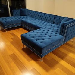 Prada Blue Velvet Double Chaise Sectional / couch /Living room set
