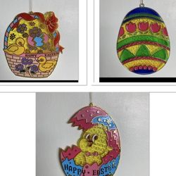 Three Vintage Easter 8” and 9” plastic Window Sun Catchers - basket, egg, and chick in egg - all are in excellent condition