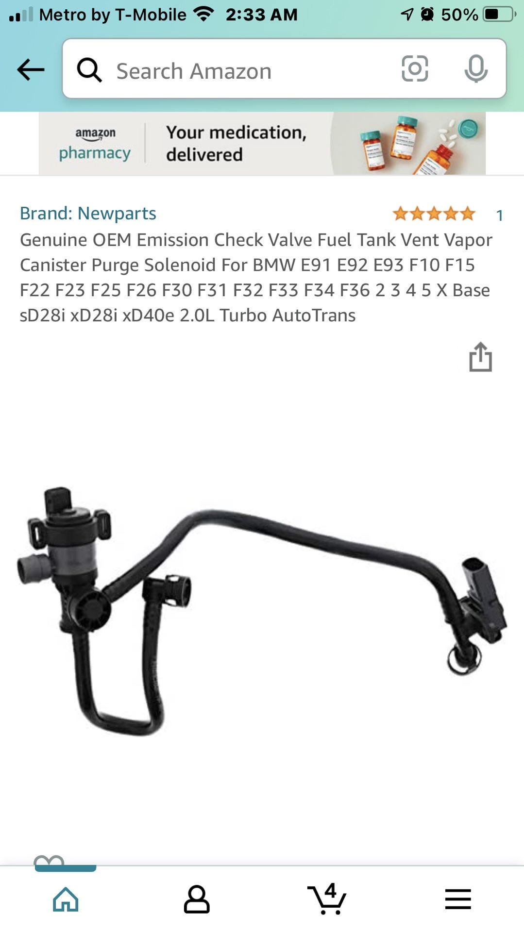 BMW Check Valve Fuel Tank Vent Vapor Canister