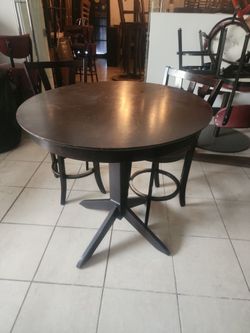Round Dark Wood Pedestal Pub Table and chairs