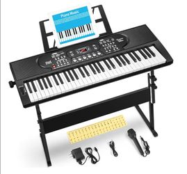61 Key Keyboard Piano with Stand, Portable Electric Piano Keyboard Kit for Beginners with Stand, Microphone,Note Stickers, Music Rest, Digital Music K