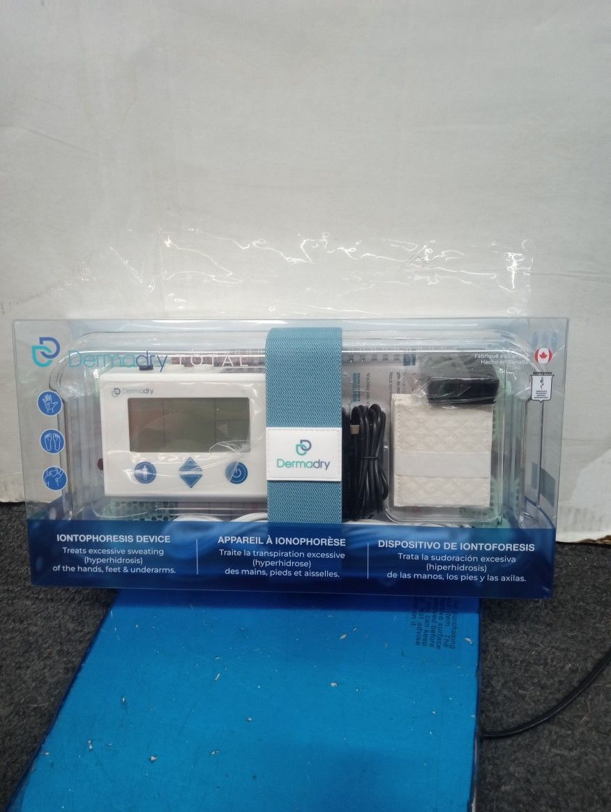 Dermadry Total Iontophoresis Device, designed to treat excessive sweating (hyperhidrosis) of the hands, feet, and underarms.