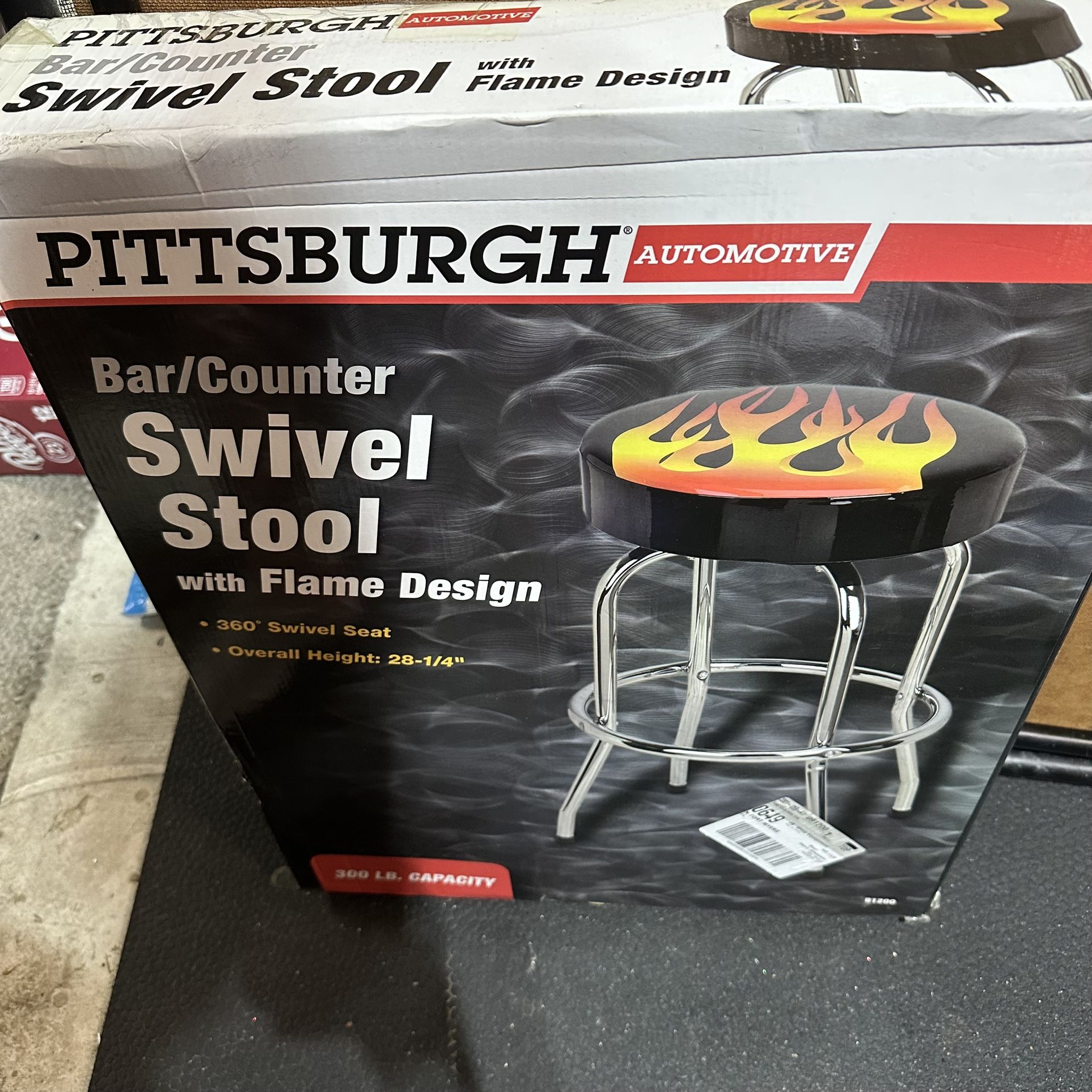 Pittsburg Garage Bar / Counter Swivel Stool With Flame Design - NEW