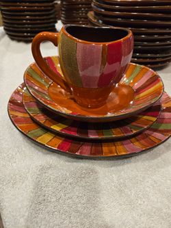 Pier 1 Wavy Stripe Dinnerware Set - Discontinued Hand-Painted Stoneware - wiling to separate