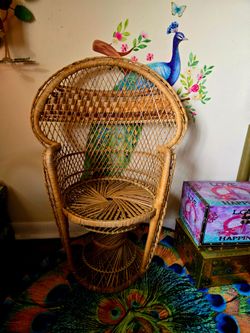 30" Height KIDS Wicker/Rattan Peacock High Back Accent Chair With Arms Beige