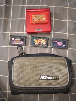 Red Nintendo Game Boy Advance SP Bundle + 4 Games & Case including Authentic Pokemon Firered