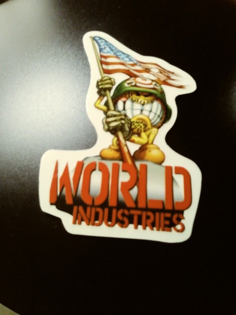 WORLD INDUSTRIES SKATEBOARD CO. VINTAGE ARMY SERGEANT FLAMEBOY LOGO SKATEBOARD STICKER